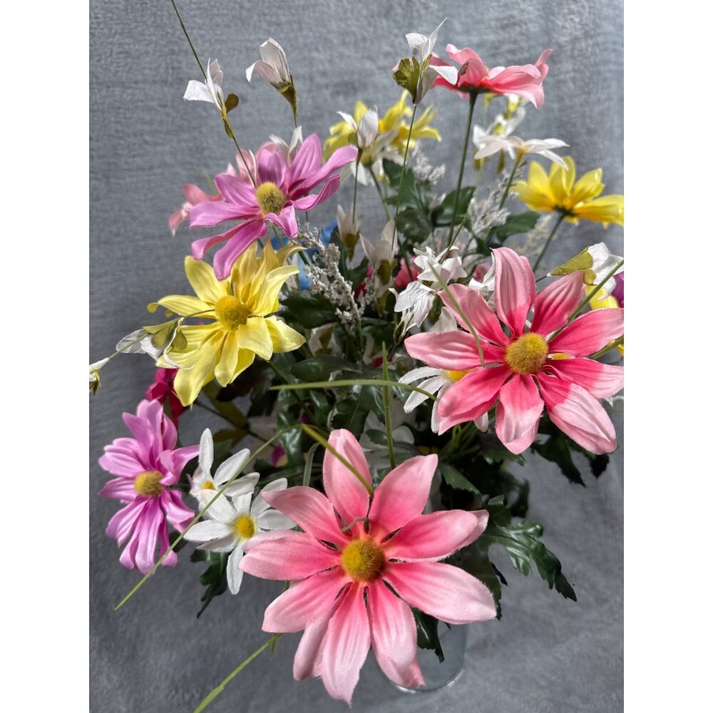 Artificial Floral Arrangement With Pink Yellow Blue & White Flowers In Metal Vas - Picture 3 of 5